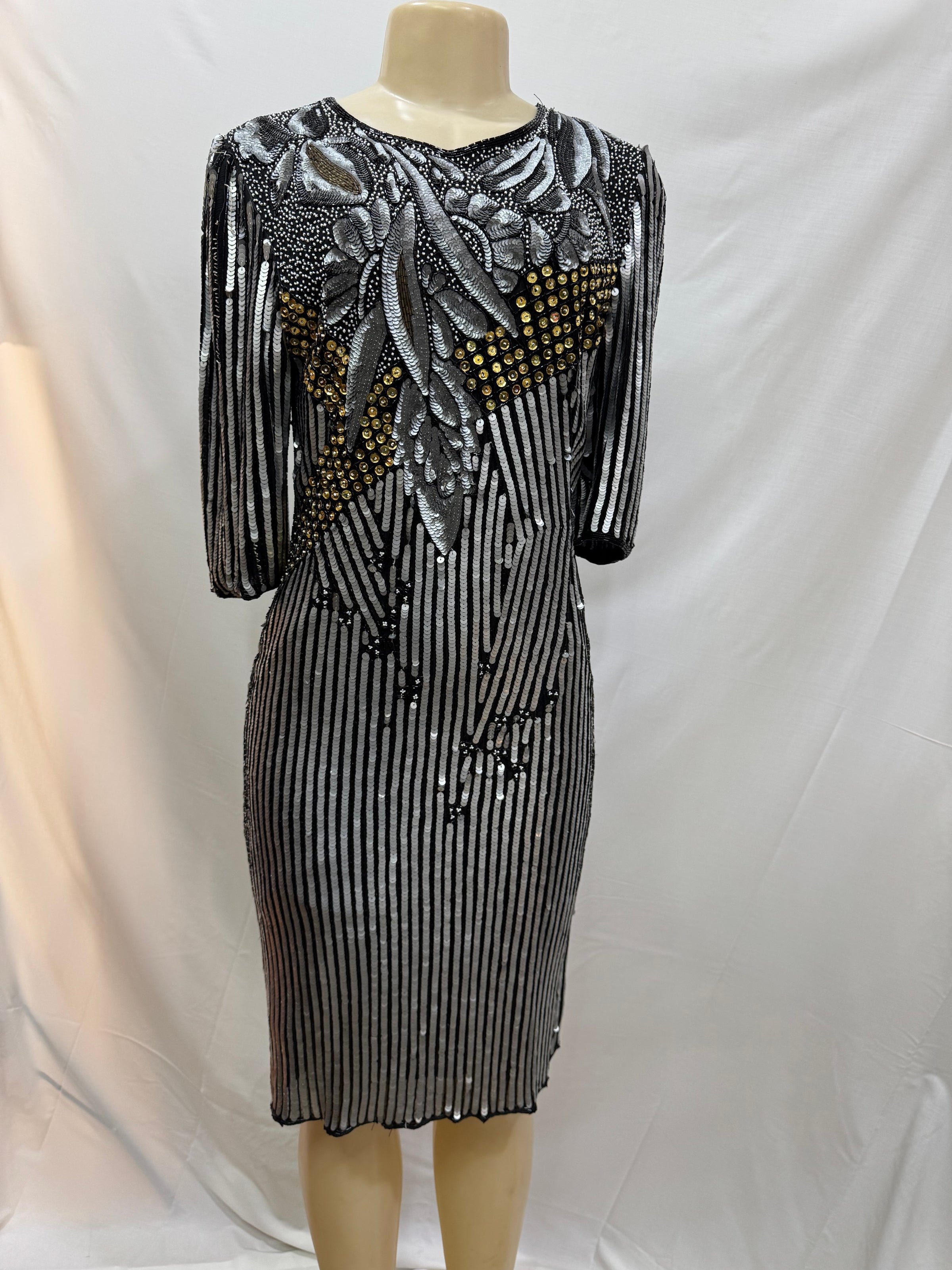stenay cocktail dress Vintage Fringed Stenay Dress, Beige Great Gatsby Style Gown, Gold Sequins and Beads, Prom Queen Attire, Elegant Duchess Ball Dress, Sparkle